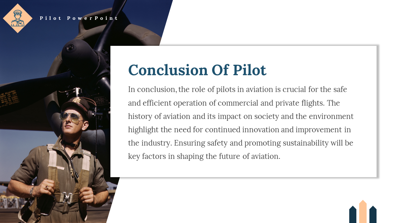 Conclusion slide with text on a white box and background image of a vintage pilot standing beside a propeller aircraft.