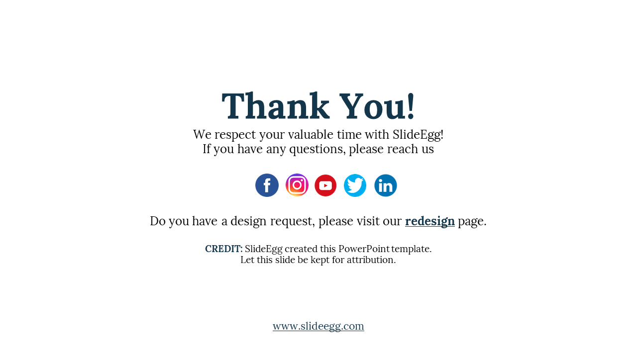 Centered thank you message with icons for Facebook, Instagram, YouTube, Twitter, and LinkedIn, plus a credit note.