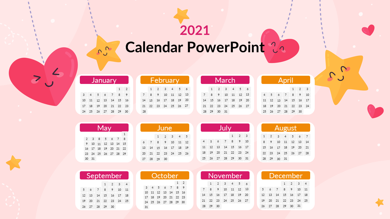 Monthly grid calendar for 2021 with pink and orange headers, surrounded by playful heart and star illustrations.