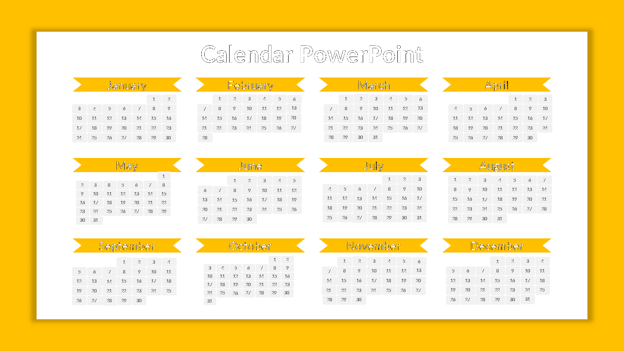 Minimalist calendar layout showing all twelve months with yellow banner labels and white date grids.
