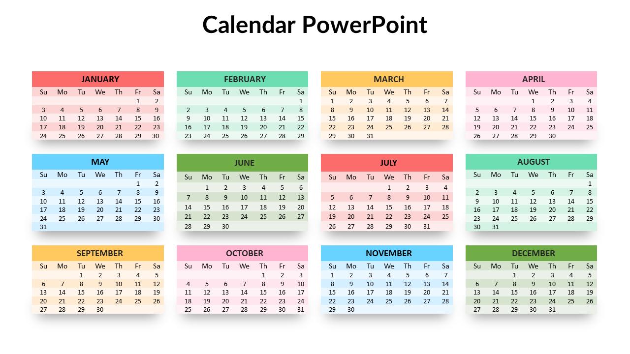 Color coded 2021 calendar with each month in a separate pastel block under bold black header.