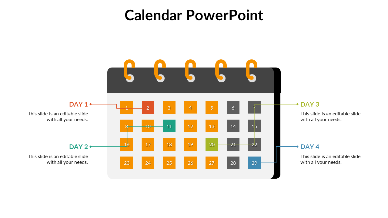 Flat calendar illustration showing numbered squares in orange, gray, and accent colors with side labels.