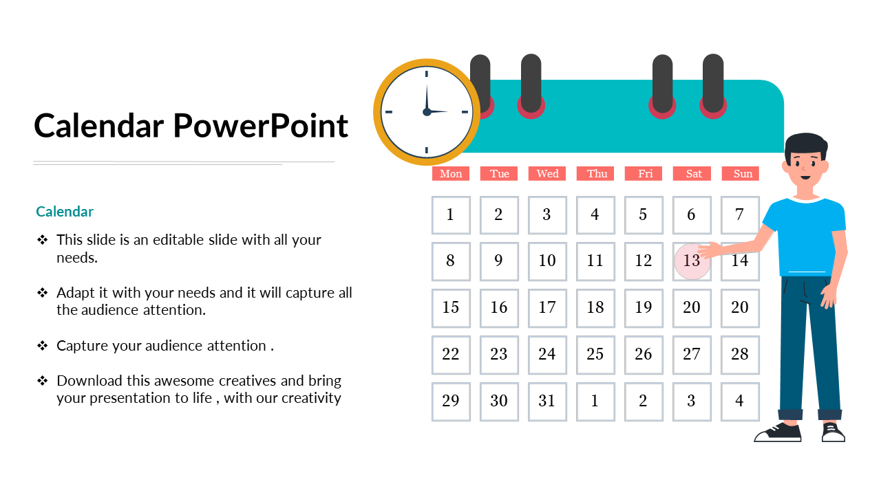 Cartoon calendar with a clock icon and a man pointing to the 13th, alongside editable text instructions.