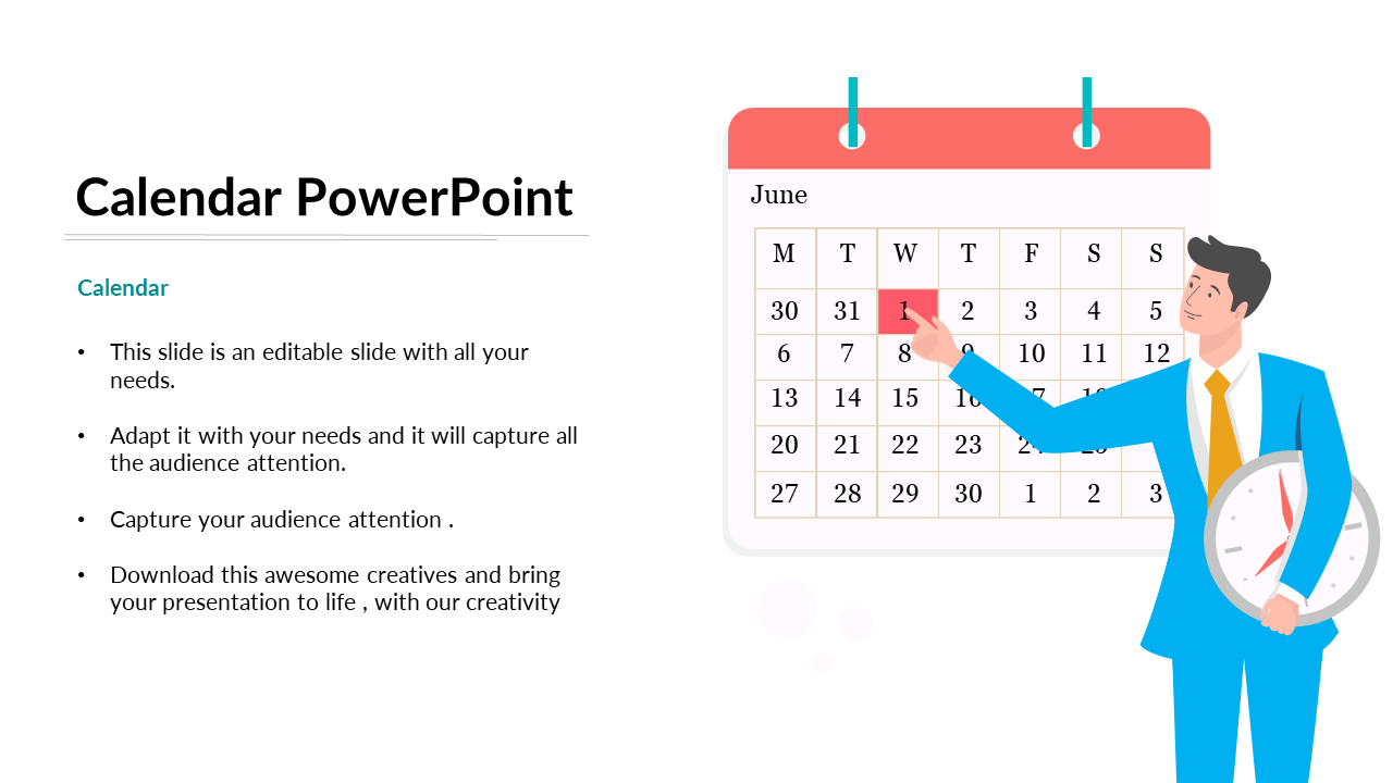 Cartoon businessman pointing at June 1st on a hanging calendar, with editable slide notes on the left.