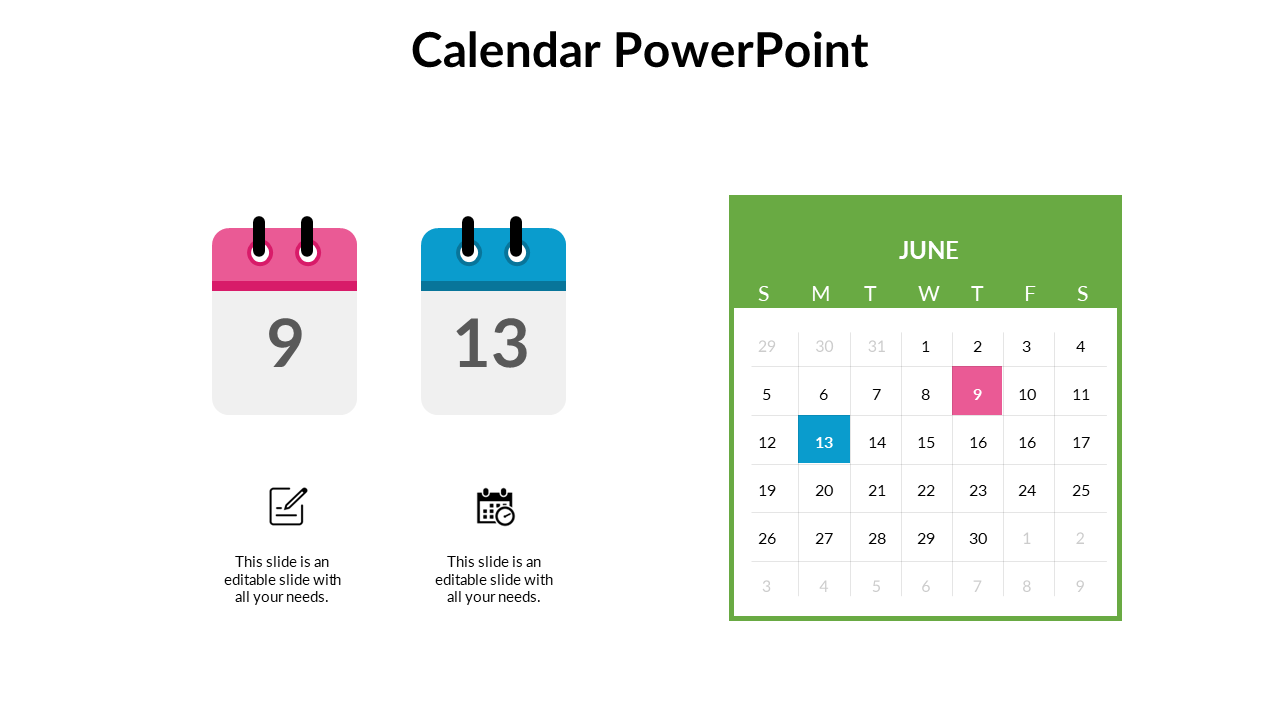 Green June calendar with date blocks, featuring emphasized squares for the 9th and 13th alongside two calendar icons.