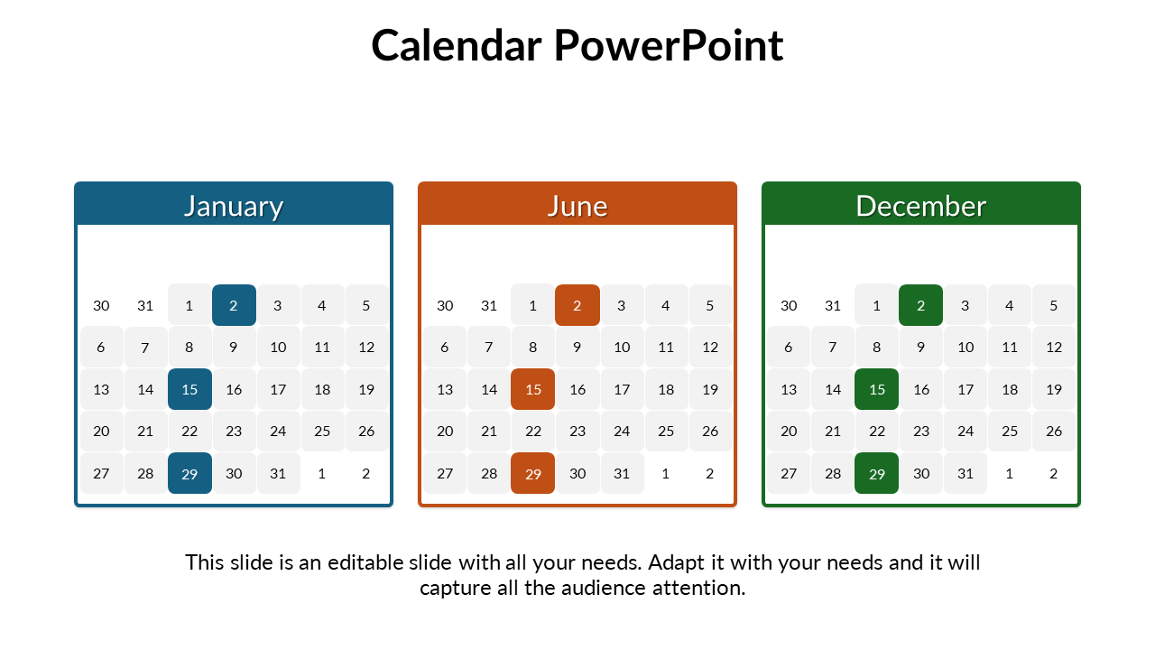Monthly calendar view with dates marked in dark blue, orange, and green for key moments in January, June, and December.