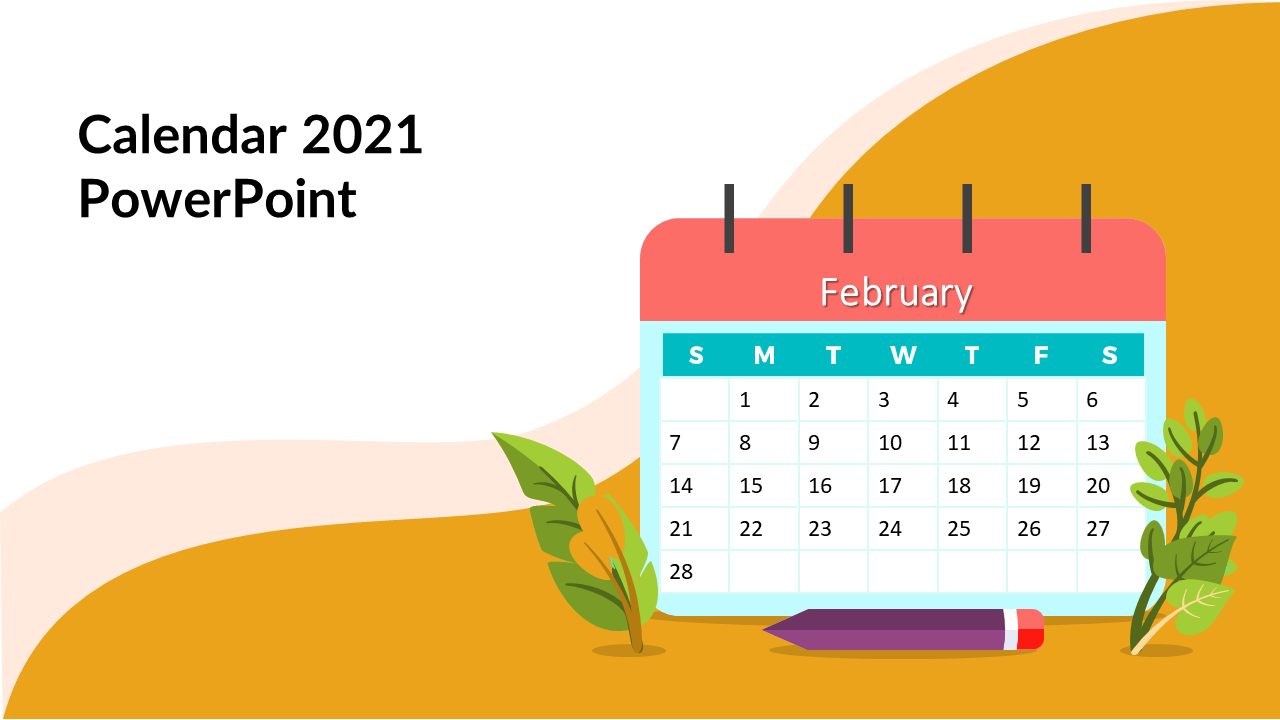 Colorful February calendar page with teal weekday labels, set on an abstract orange background with plants and pencil.