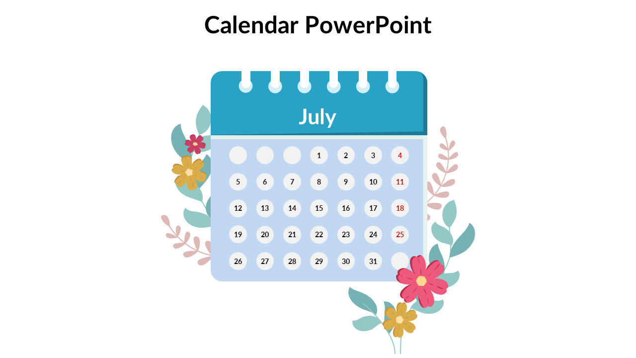 Decorative July calendar with spiral rings, floral accents on both sides, and dates in circular shapes.