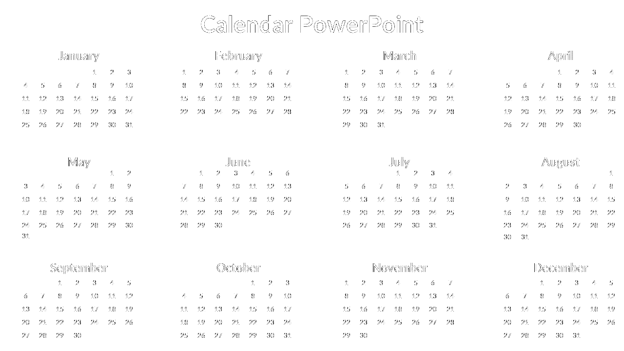 Minimalist black and white calendar showing all twelve months in grid format with bold left borders.