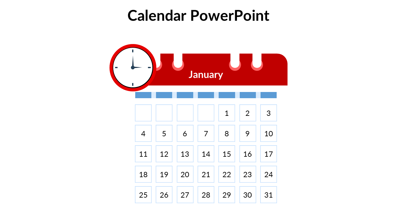 Flat style January calendar with square dates and a bold red clock overlapping the header placed in white background.