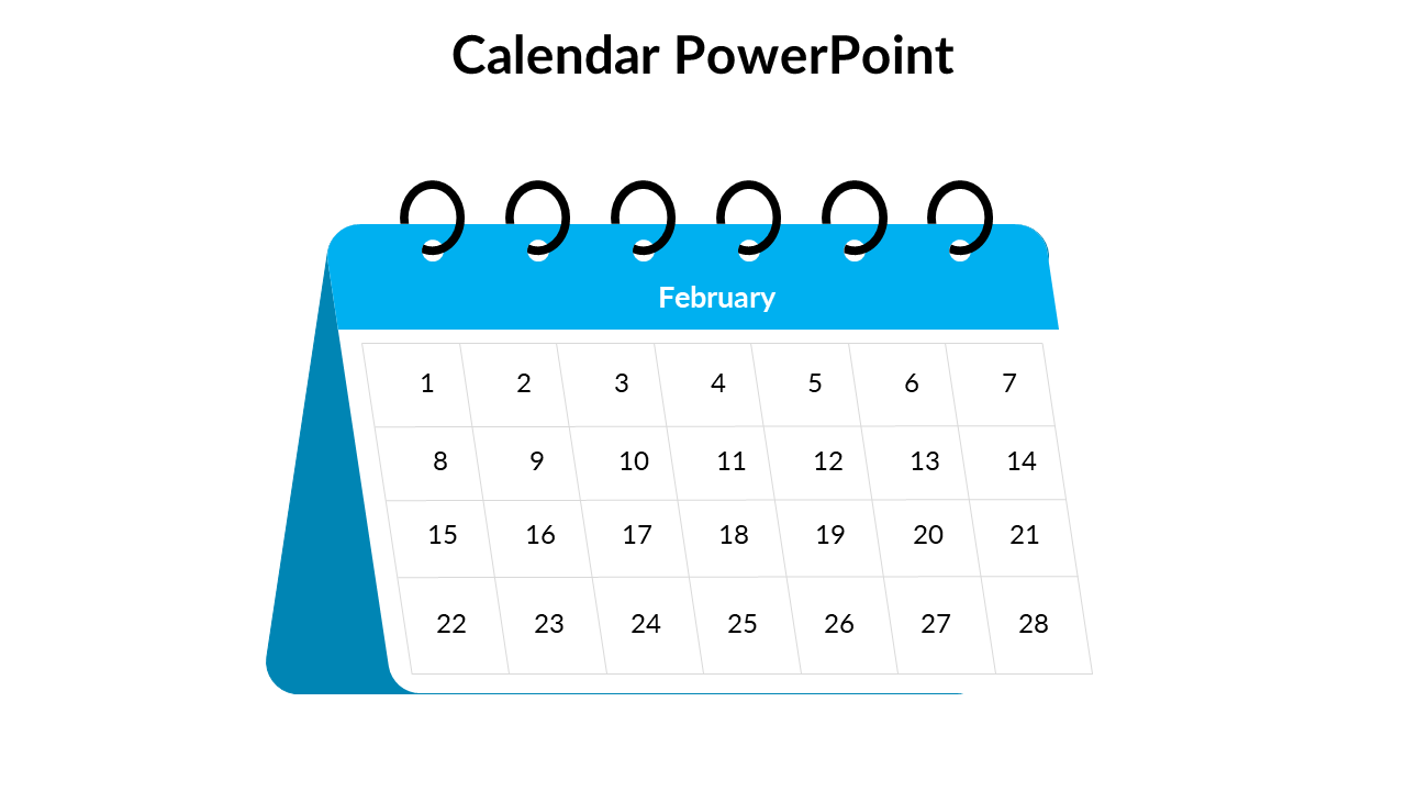 Standing February calendar with blue header and five black rings, showing dates from 1 to 28 placed in a white backdrop.