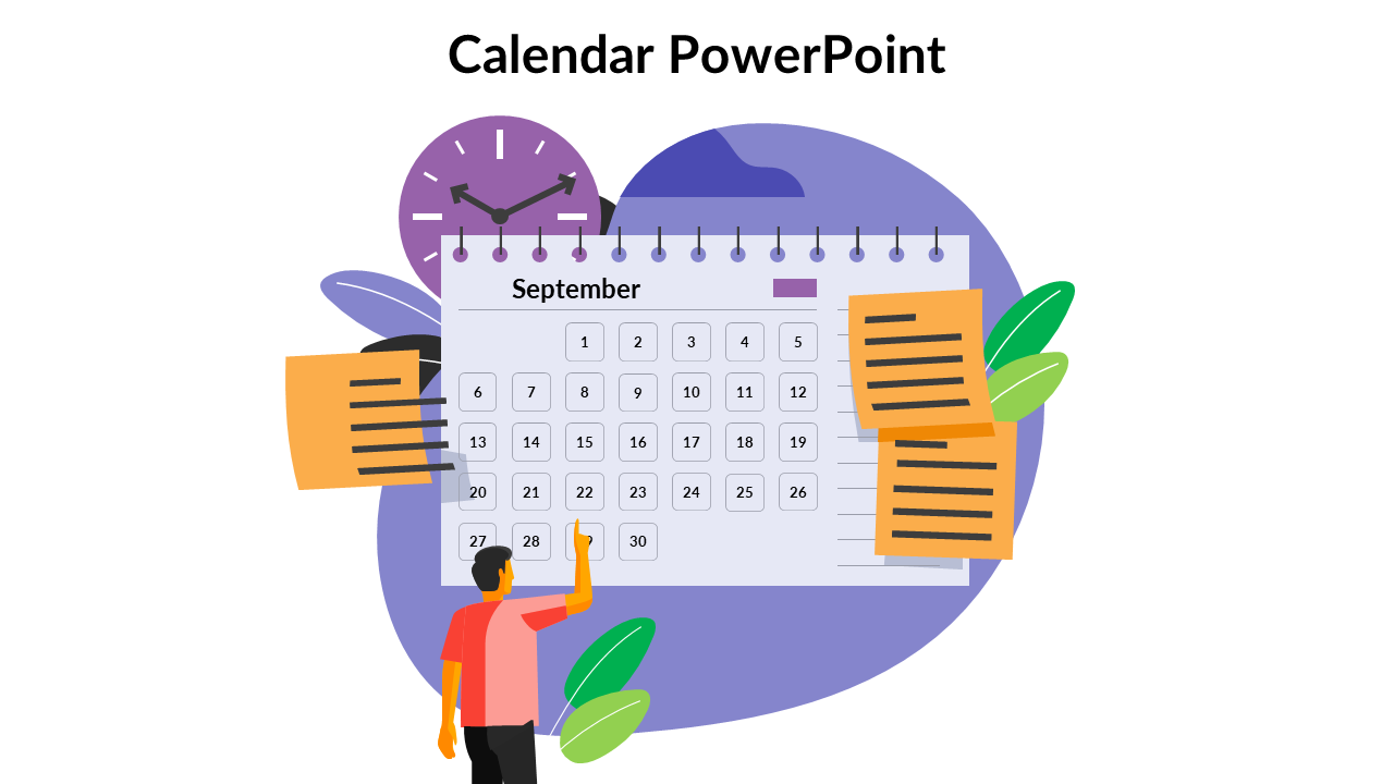 September calendar with spiral binding, purple clock, sticky notes, and a person pointing at date 22.