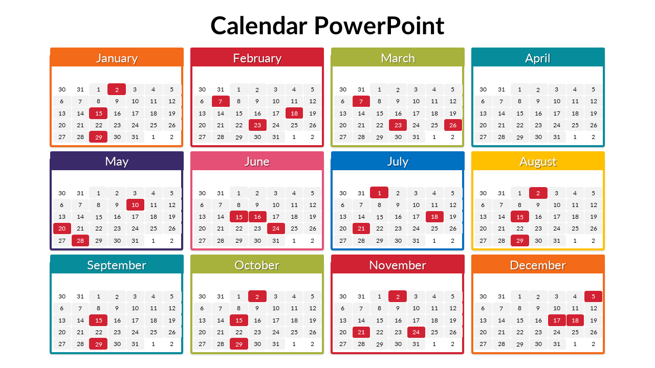Full year calendar view with monthly grids, color-coded headers, and selected red-highlighted days.