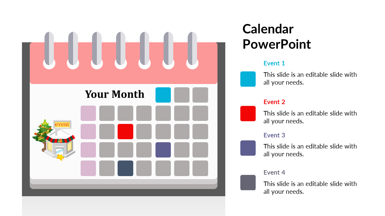 Monthly calendar with color coded events in blue, red, purple, and gray, with a festive event icon on the left.