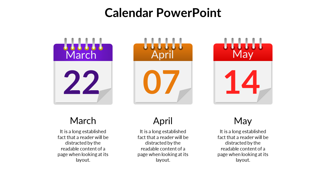 Horizontal layout of monthly calendar blocks for March, April, and May with large date numbers and color coded headers.