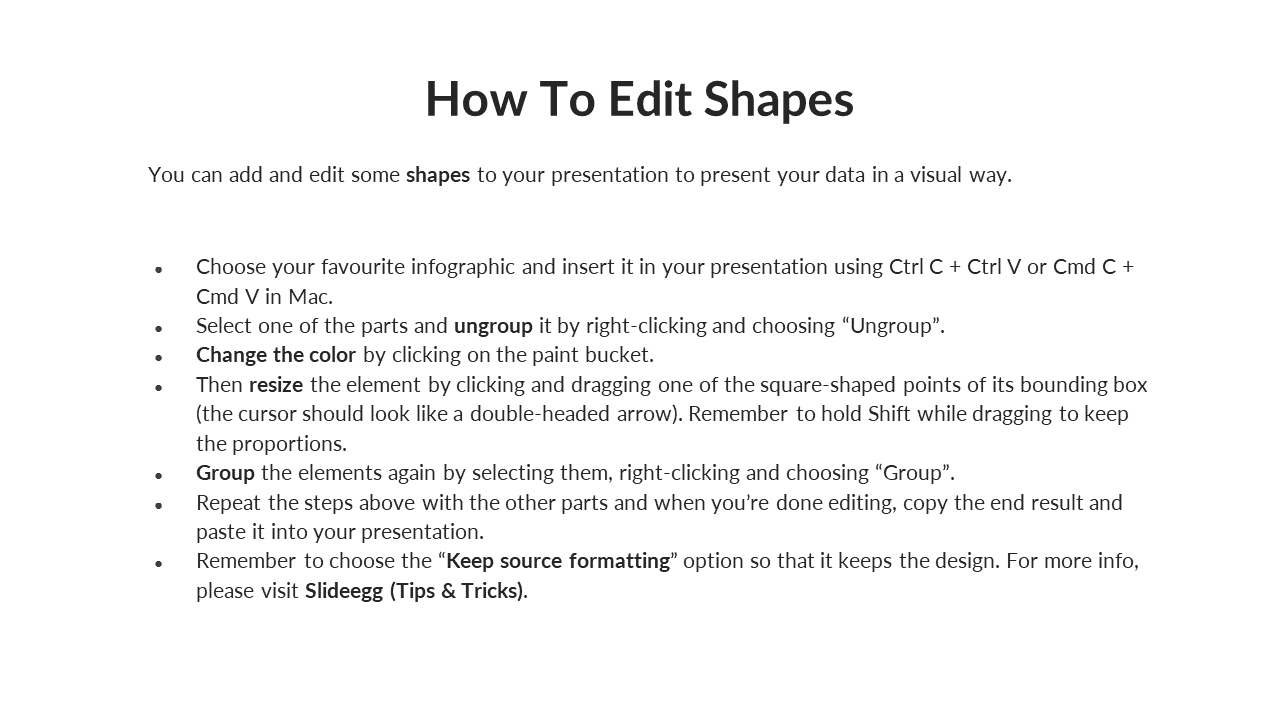 Slide with editing tips for presentation shapes, including shortcut keys, formatting options, and grouping instructions.