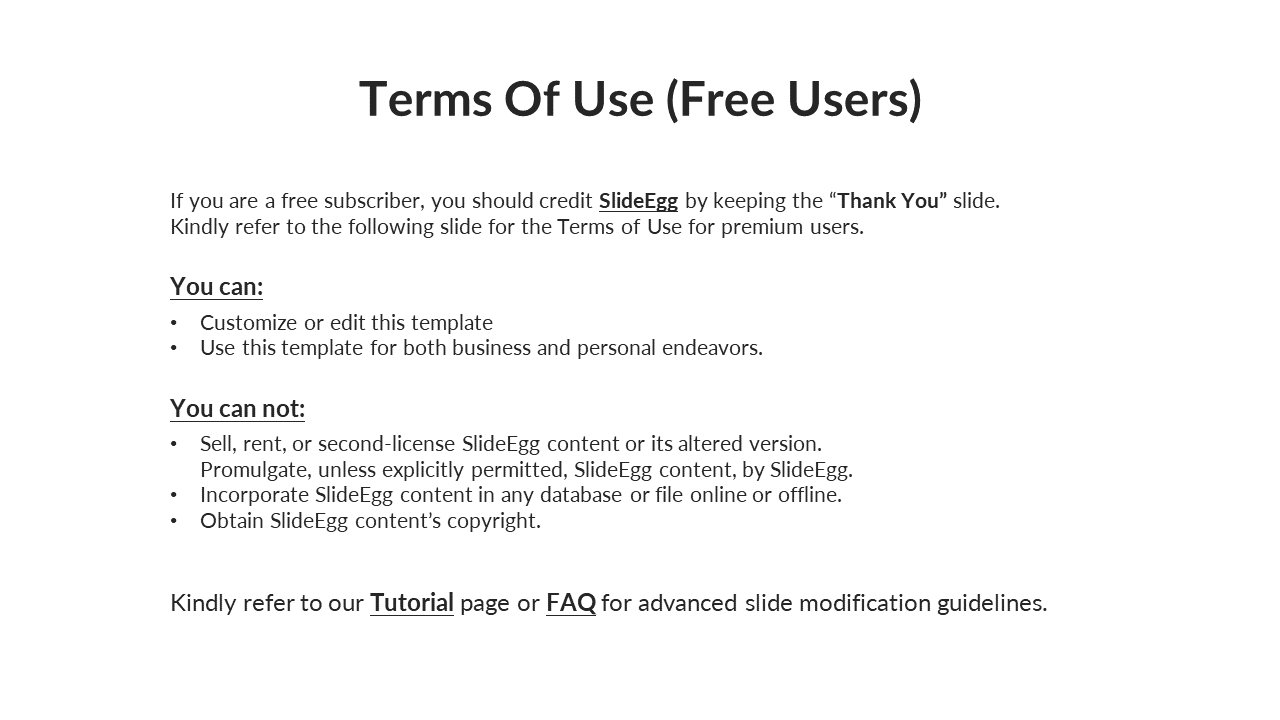 Terms of use slide showing permissions and prohibitions for free users, including crediting SlideEgg.