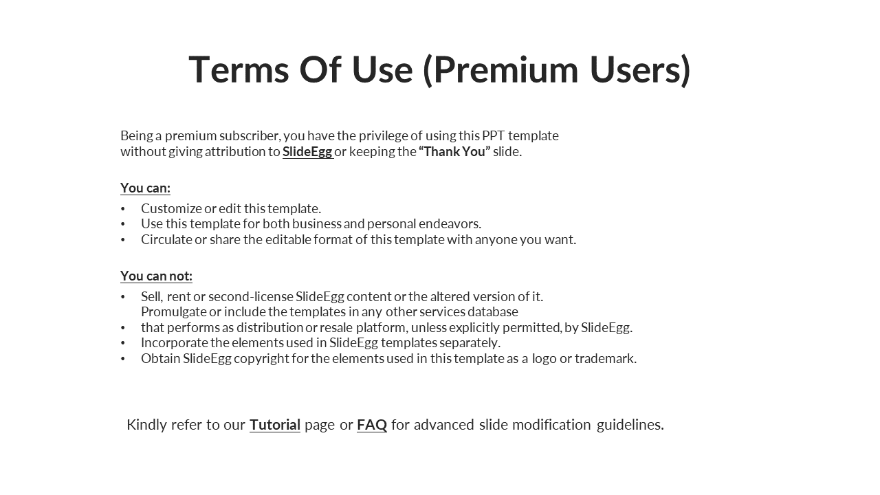 Terms slide describing usage rights for SlideEgg premium subscribers, including sharing and editing rules.