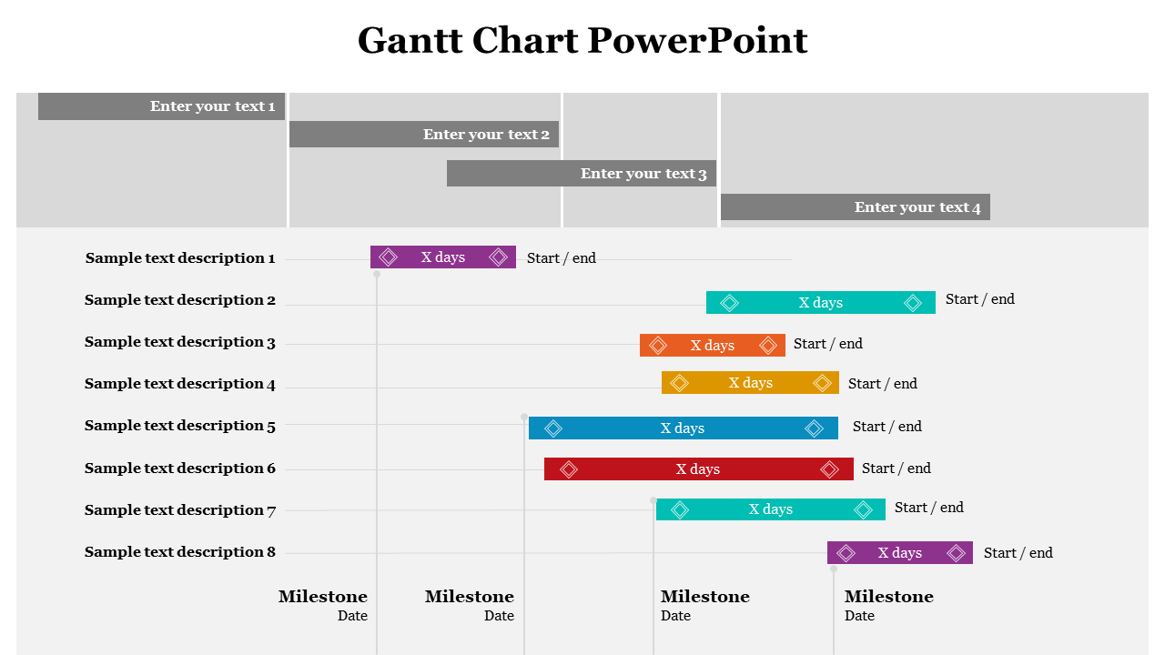 Gantt chart with eight horizontal bars labeled as sample descriptions, milestone markers, and editable text fields at the top.