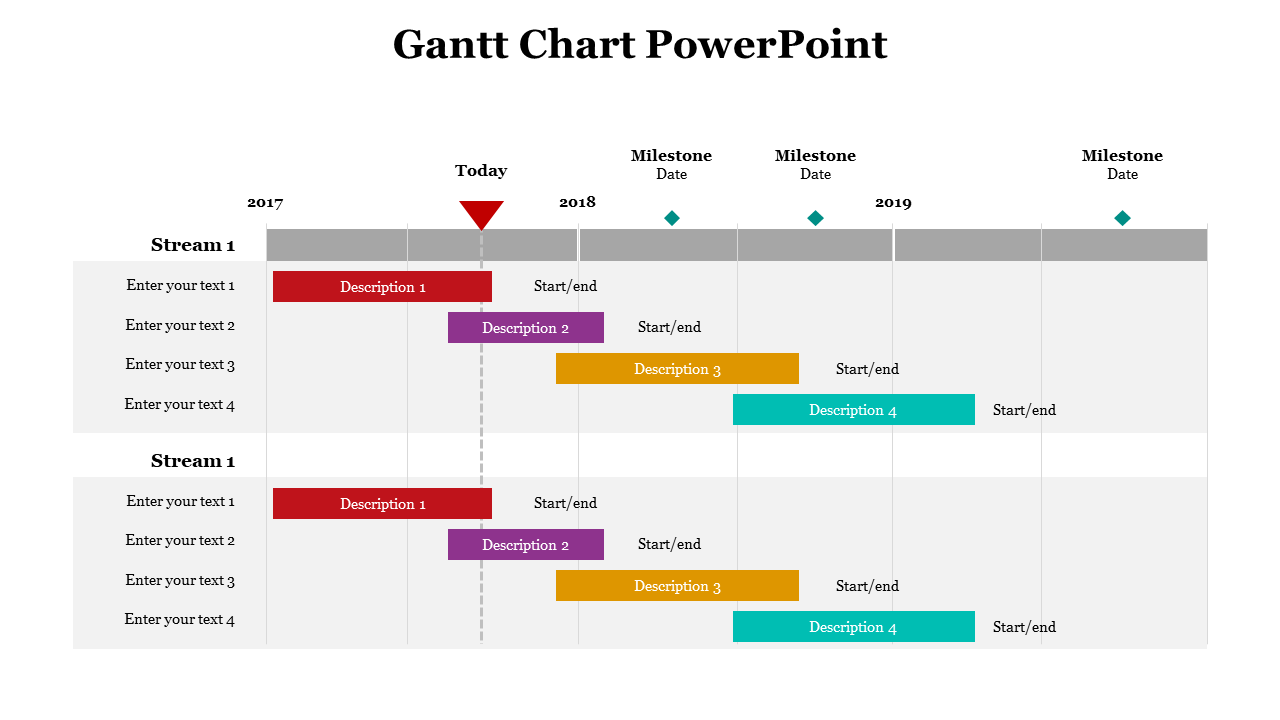 Gantt chart showing parallel streams with red, purple, orange, and teal task bars, yearly timeline, and milestone diamonds.
