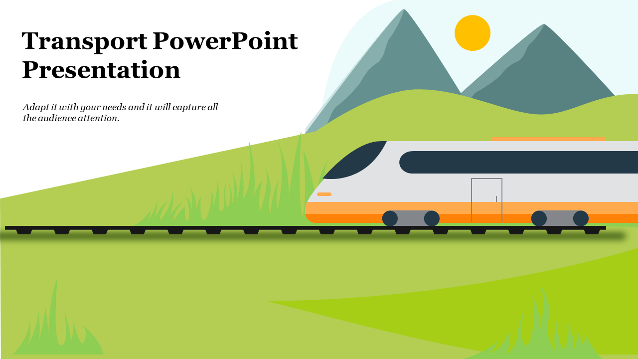 Sleek train on black tracks in a green hilly field with distant mountains, bright sun, and bold title section on left.