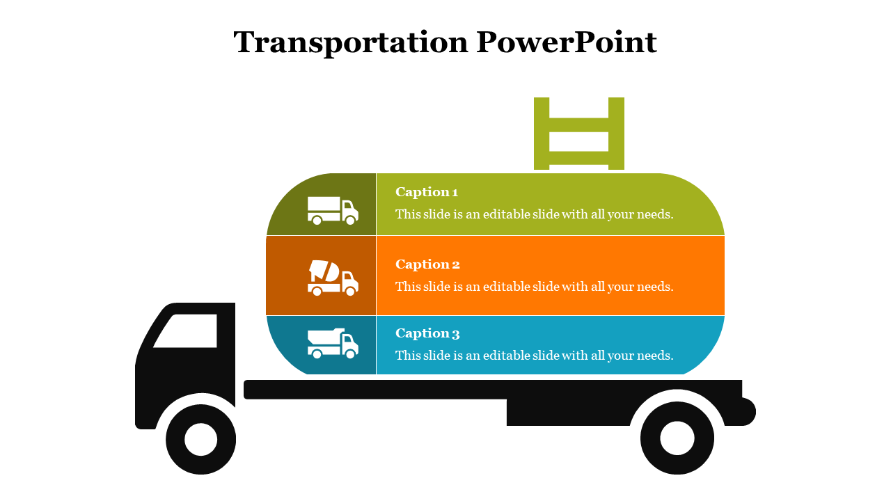 Black truck graphic with green, orange, and blue cargo sections, each showing a vehicle icon and  caption area space.