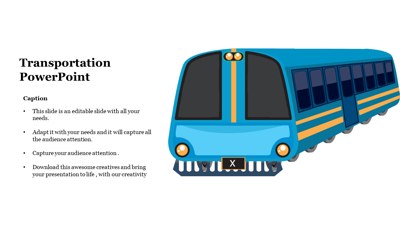 Modern blue train illustration with bold yellow stripe, shown on right side with text area and bullet points on the left.