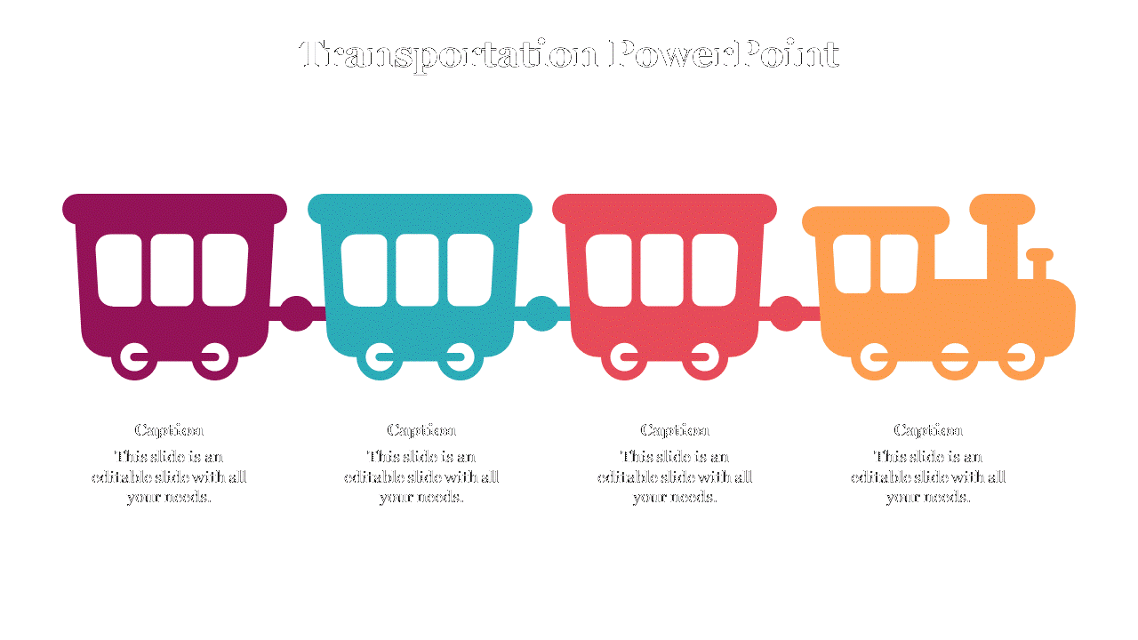 Horizontal cartoon style train with four vibrant coaches and captions underneath, on a white background layout.