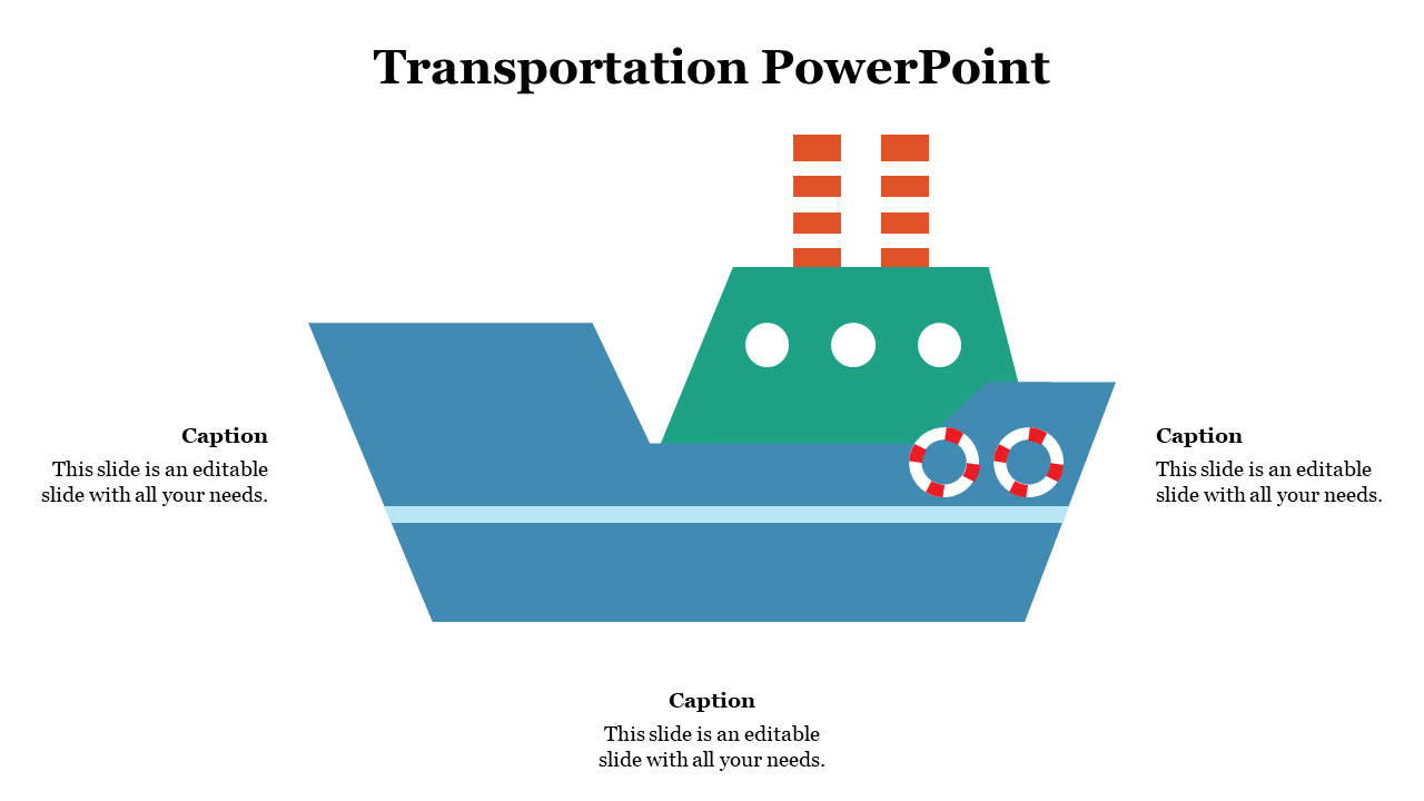 Flat design ship with blue hull, green deck, red chimneys, and lifebuoys, surrounded by caption areas on all sides.
