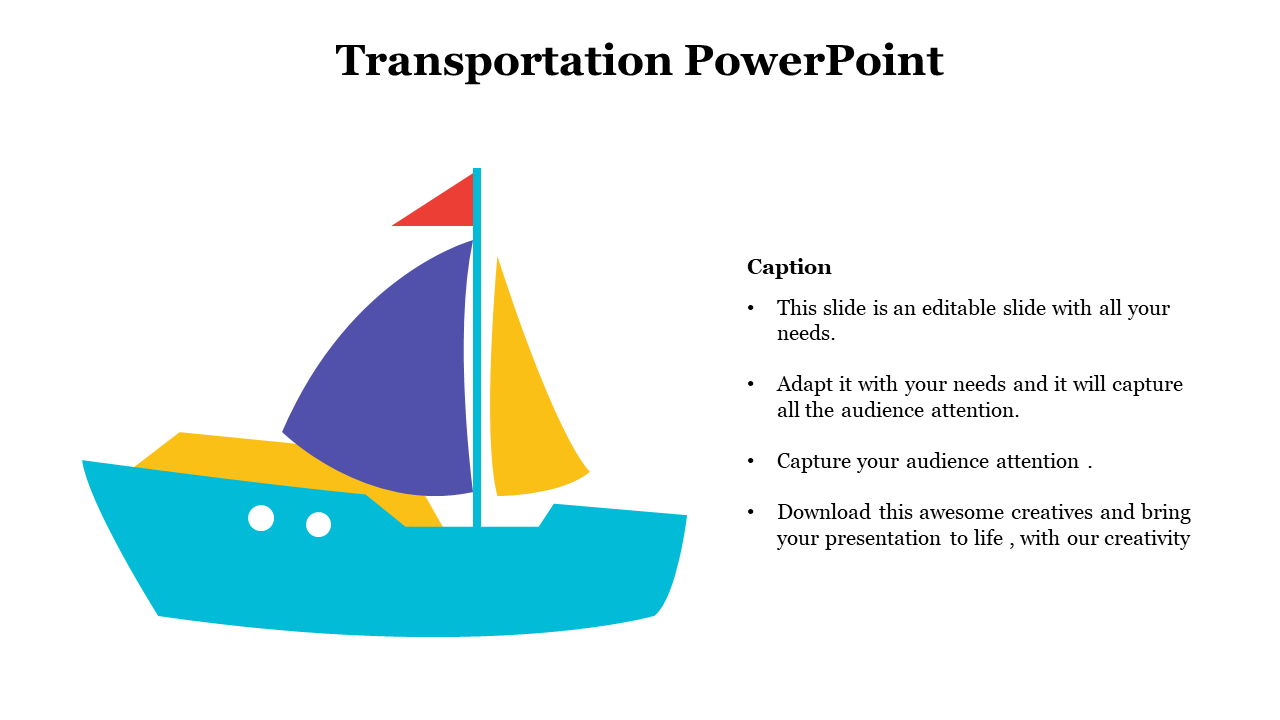 Flat illustration of a sailing boat with two-tone sails and red pennant, placed beside caption bullet points and title.