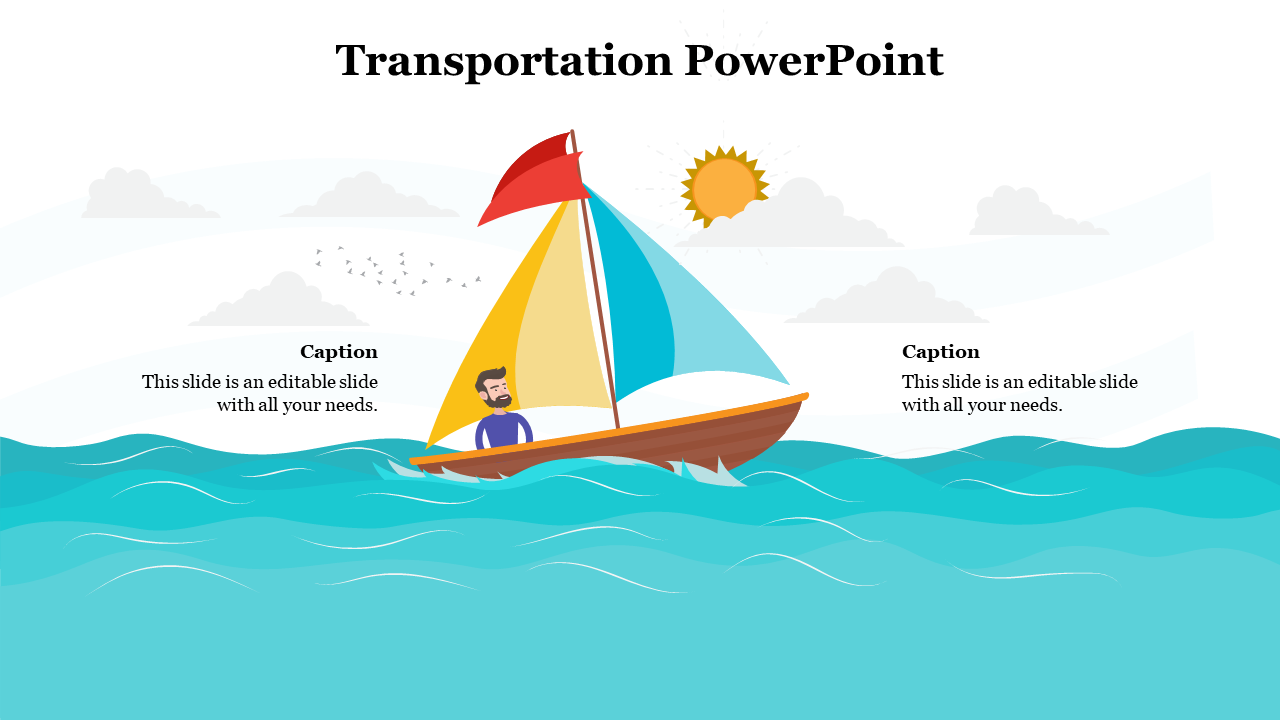 Man sailing a colorful boat on blue waves under sunny sky with clouds and birds, with caption areas on both sides.