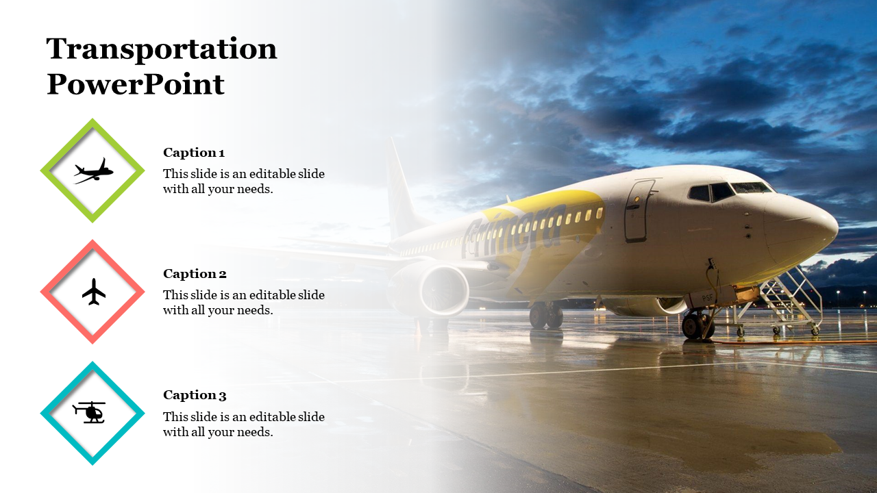 Commercial aircraft on tarmac under cloudy evening sky, with airplane and helicopter icons beside text captions.