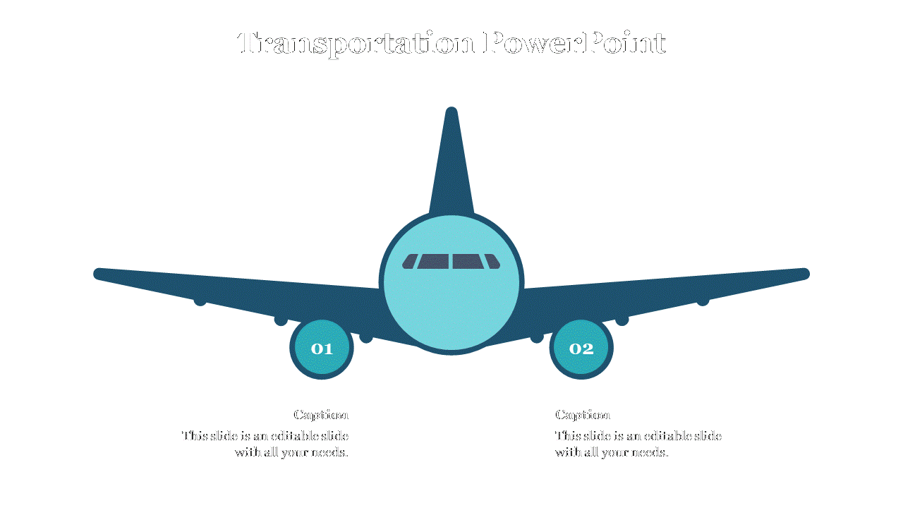 Stylized airplane facing forward with teal cockpit, numbered wheels, and editable captions below on white layout.