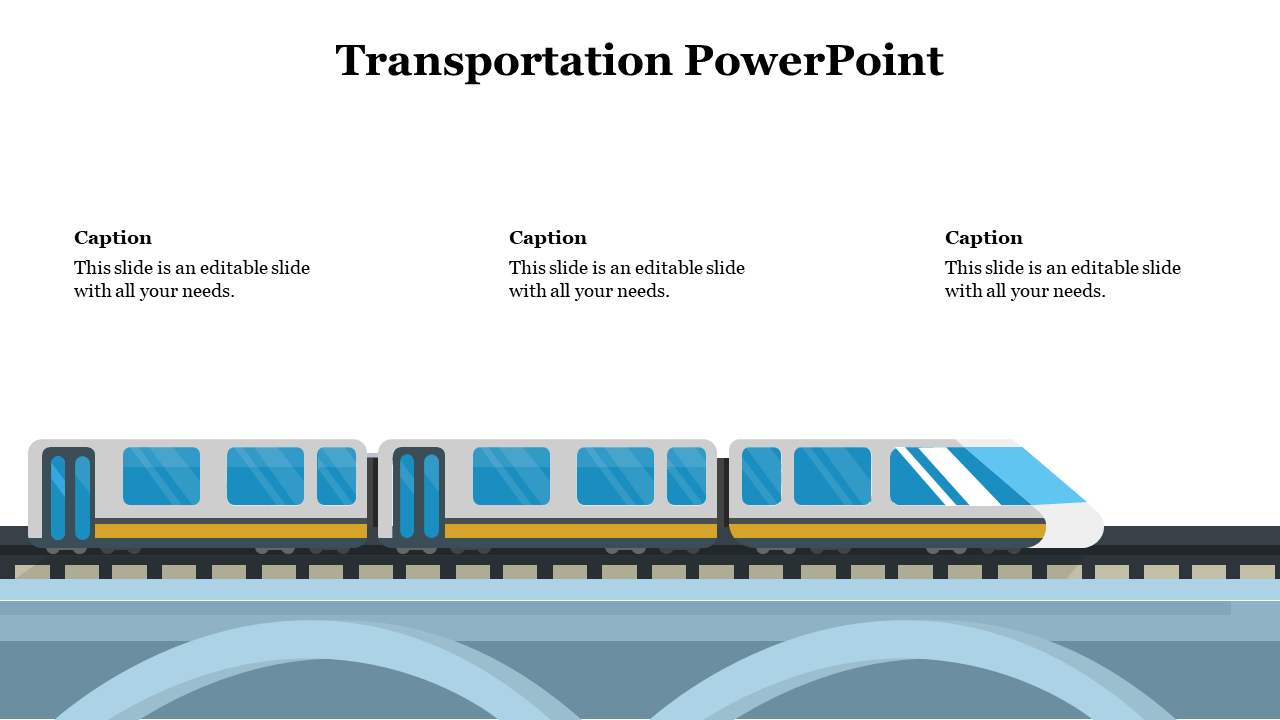 Sleek commuter train with yellow stripe and tinted windows crossing an arched bridge, captions spaced above each car.