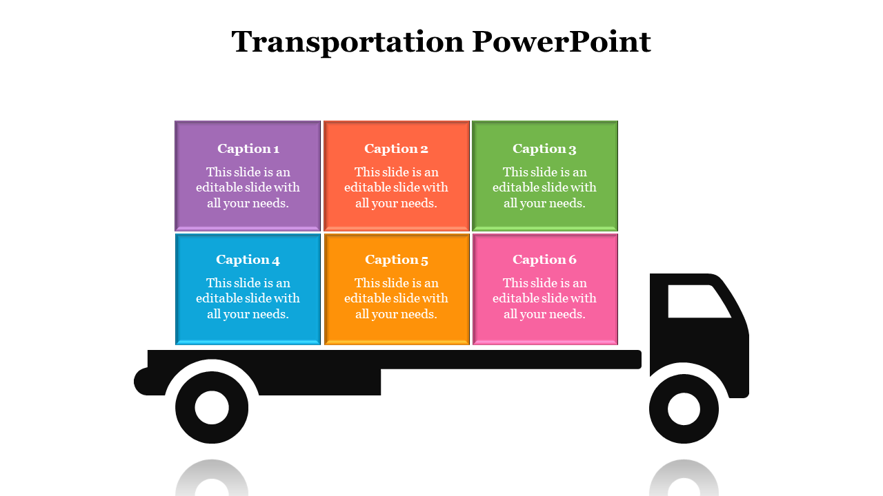 Stylized transport truck with caption blocks in purple, red, green, blue, orange, and pink arranged in two rows.