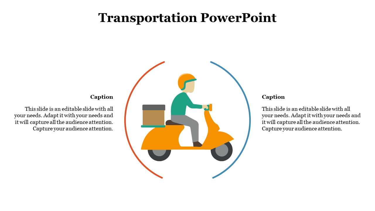 Flat illustration of person riding scooter with helmet and box, surrounded by curved lines and side caption areas.