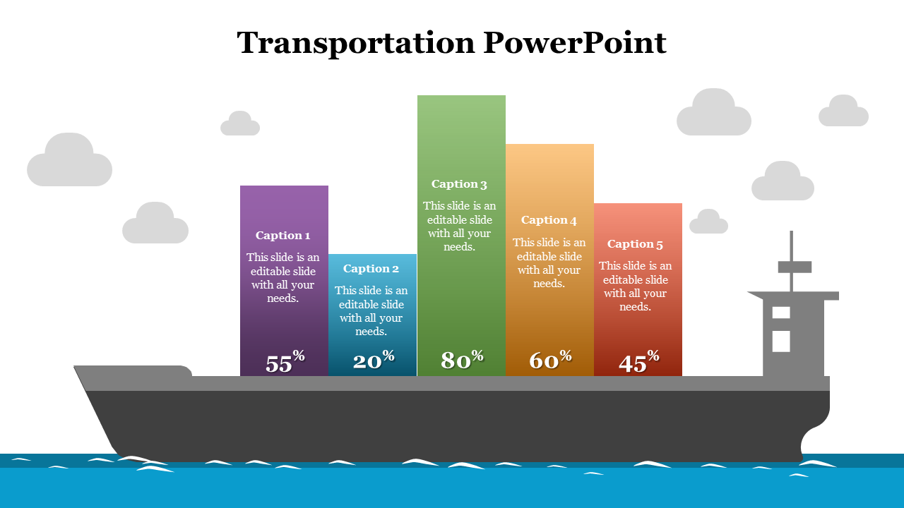 Flat design ship loaded with multicolor bar segments displaying captions and percentages, on ocean with cloud backdrop.