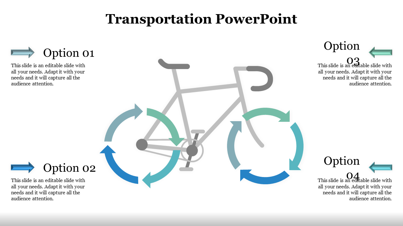 Bicycle graphic with circular arrow wheels, surrounded by four labeled options and editable text boxes on a white background.