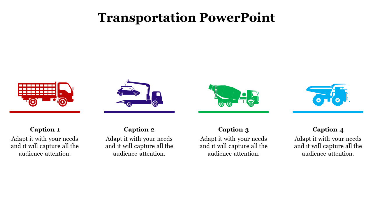 Transport slide showing four truck types in distinct colors with individual captions and horizontal lines beneath each.