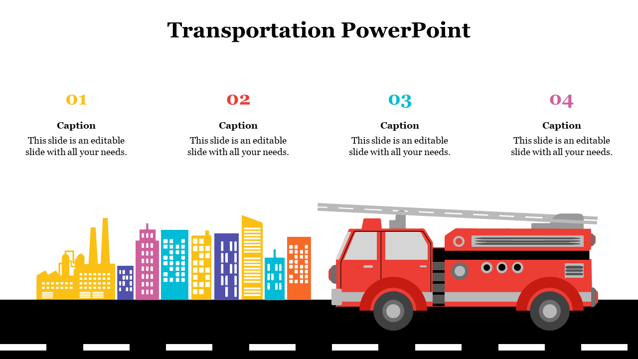 Red fire truck illustration on a city road with colorful buildings in the background and four caption areas above.