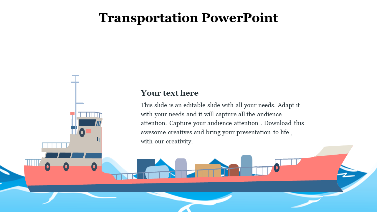 Cargo ship sailing on waves with colorful containers on deck, text box in center, and title above on white background.