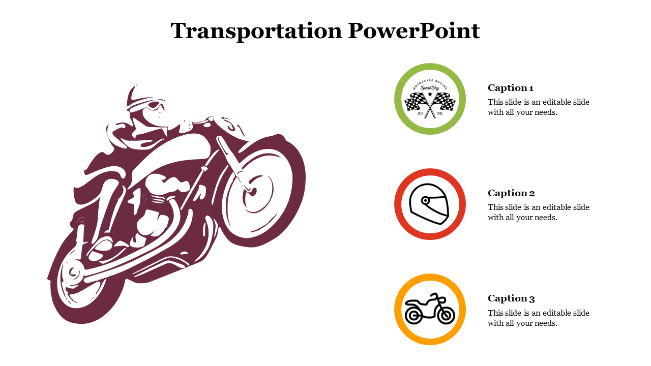 Bold motorcycle sketch with right-aligned infographic circles featuring racing flags, helmet, and bike icons with captions.