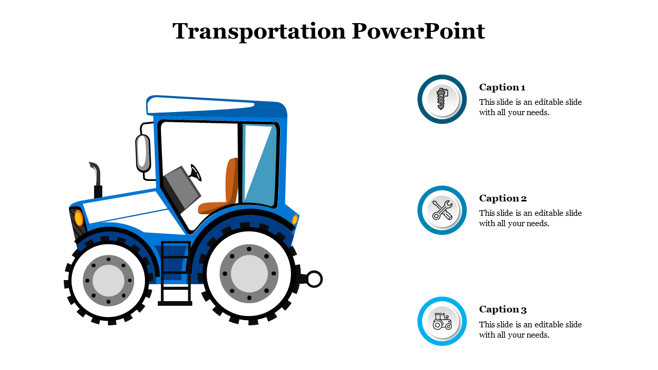 Blue tractor illustration on left with three circular icons and captions for tools, settings, and vehicle on the right.