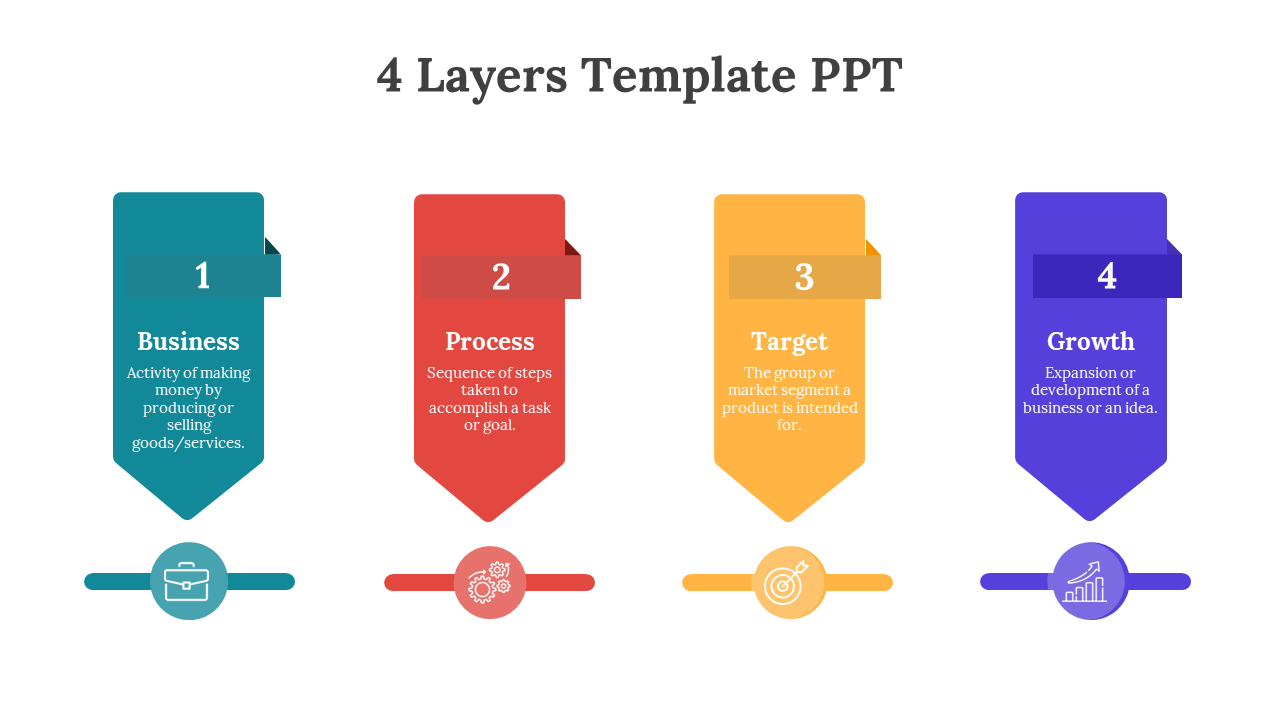 Numbered infographic with tall pointed banners and circular icons below for business, process, target, and growth stages.
