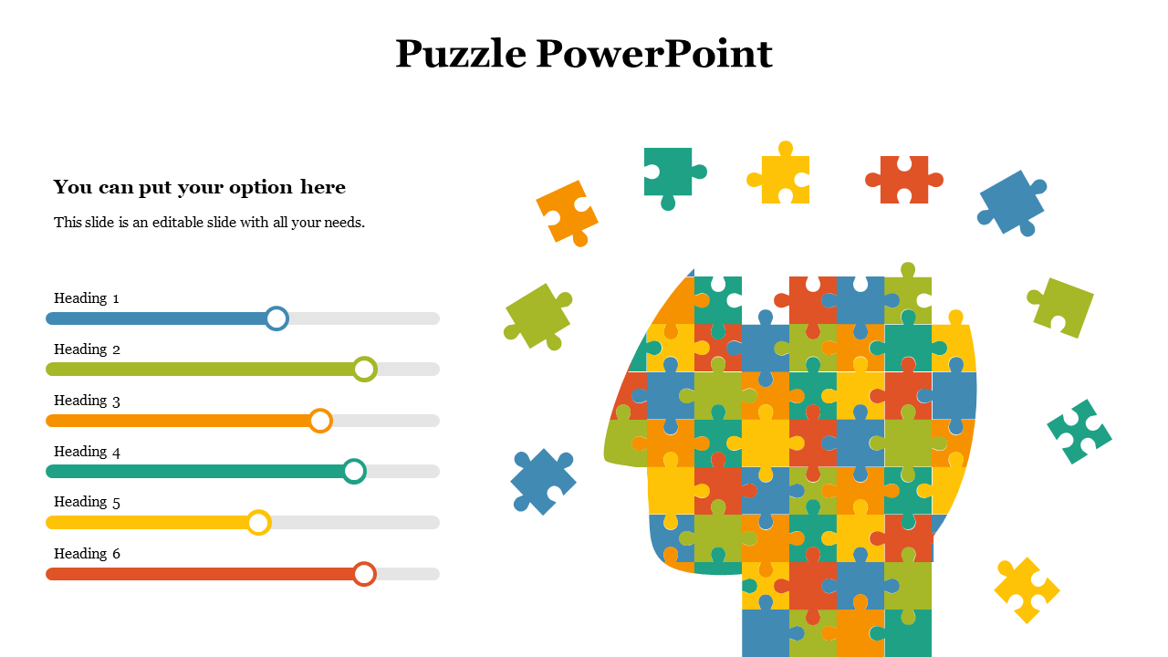 Infographic showing multicolored puzzle head on the right and six adjustable progress bars with labels on the left.