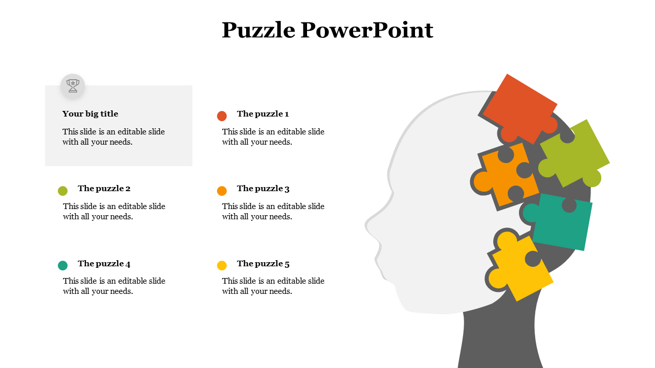 Human head graphic with multicolor puzzle pieces and editable text sections on the left labeled The puzzle 1 through 5.