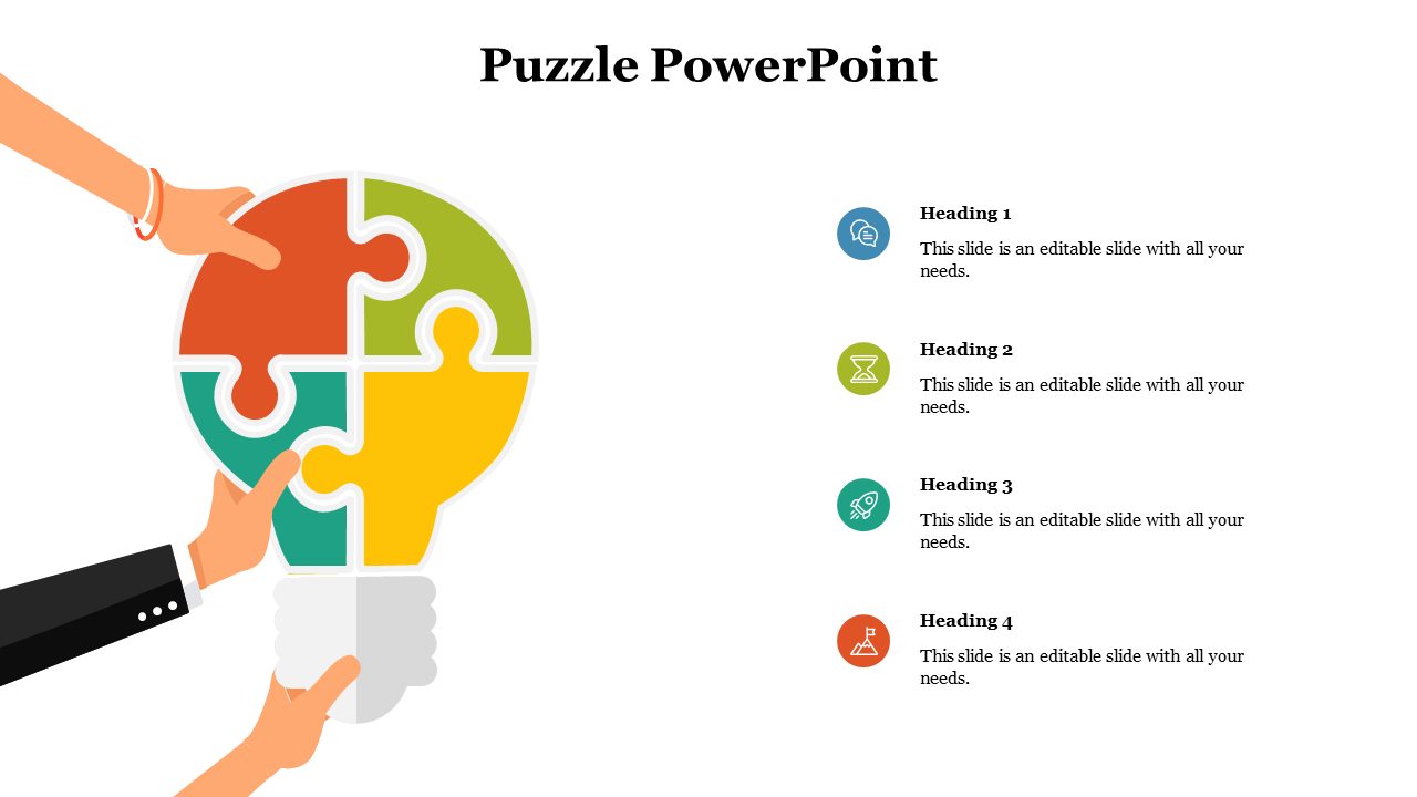 Puzzle infographic shaped like a lightbulb with four colored pieces held by hands and four text headings on the right.