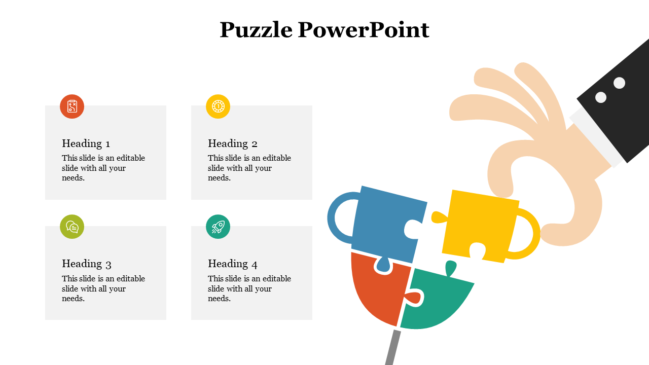 Visual of assembling puzzle segments in a bulb like form, with headings and editable text blocks arranged on the left.