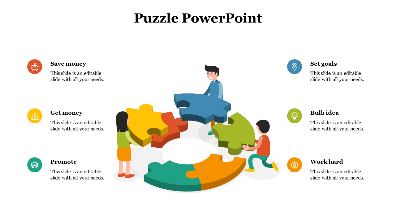 Slide shows 3D puzzle circle with characters placing segments, and text blocks titled Save money, Set goals, Promote, etc.