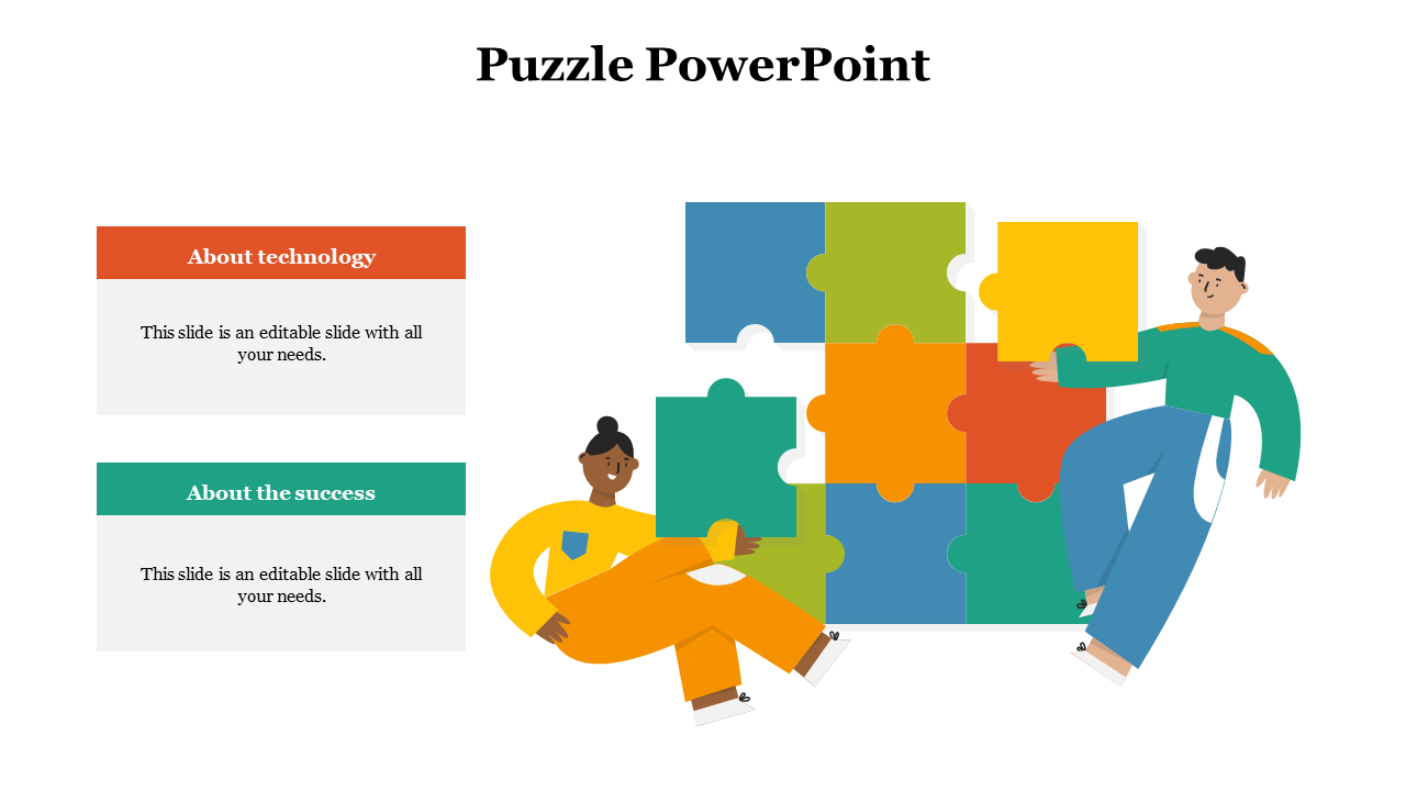 Slide shows man and woman interacting with large puzzle pieces beside two editable content boxes for technology and success.